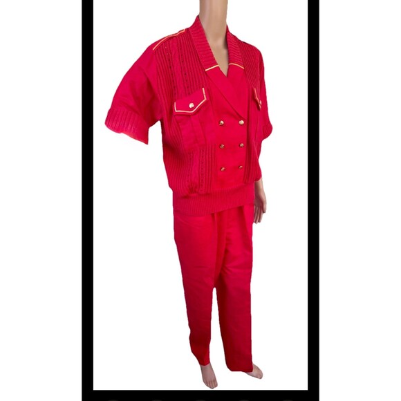80s Red Pants Outfit Nautical Sweater Vintage M Double Button - Picture 1 of 10